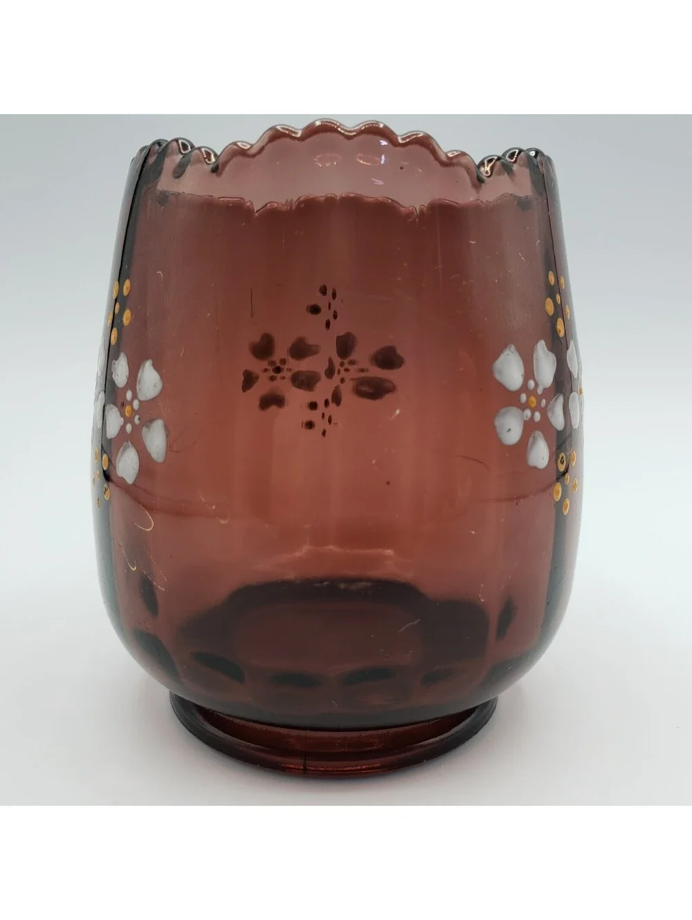 Vintage EAPG Jefferson Amethyst Glass Vase Spooner Hand Painted Panel Optic
